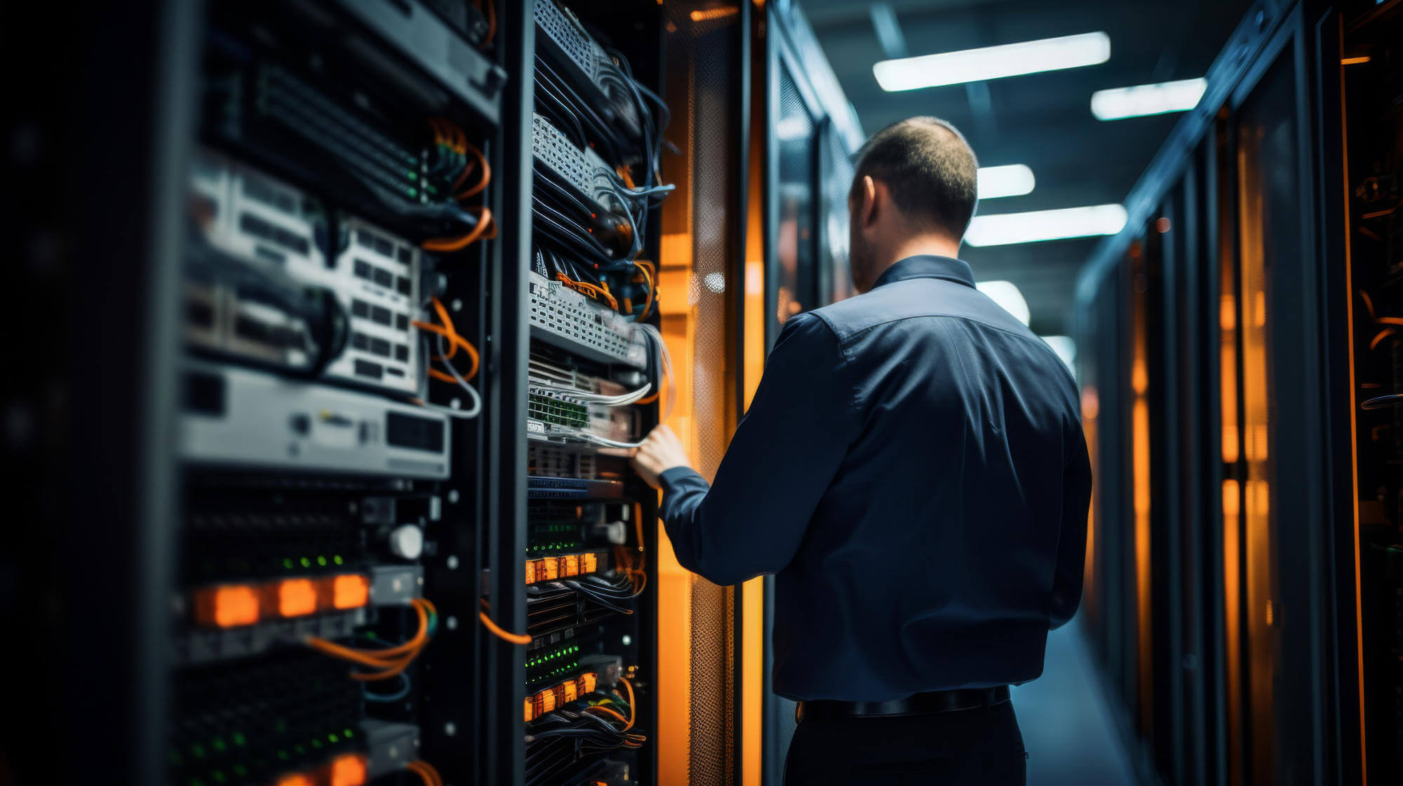 Professional network engineer in a server room working on networking hardware
