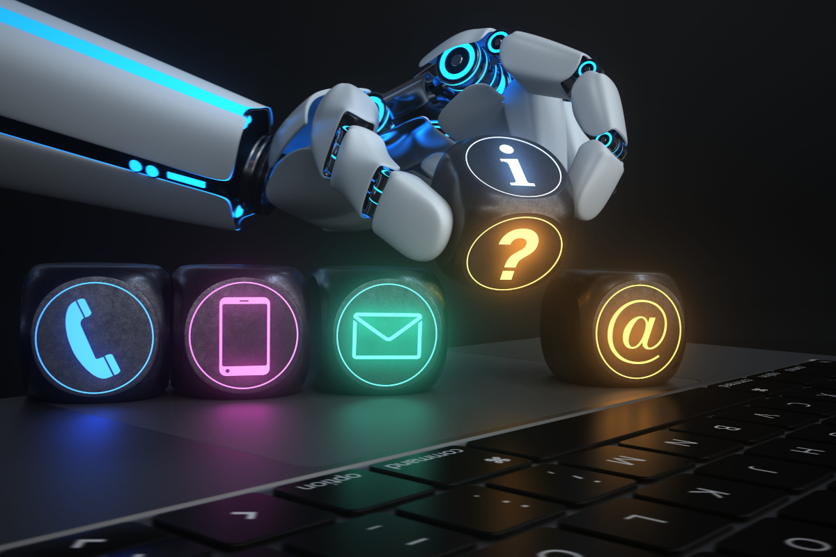 Robotic hand arranging icons that represent automated business workflows.