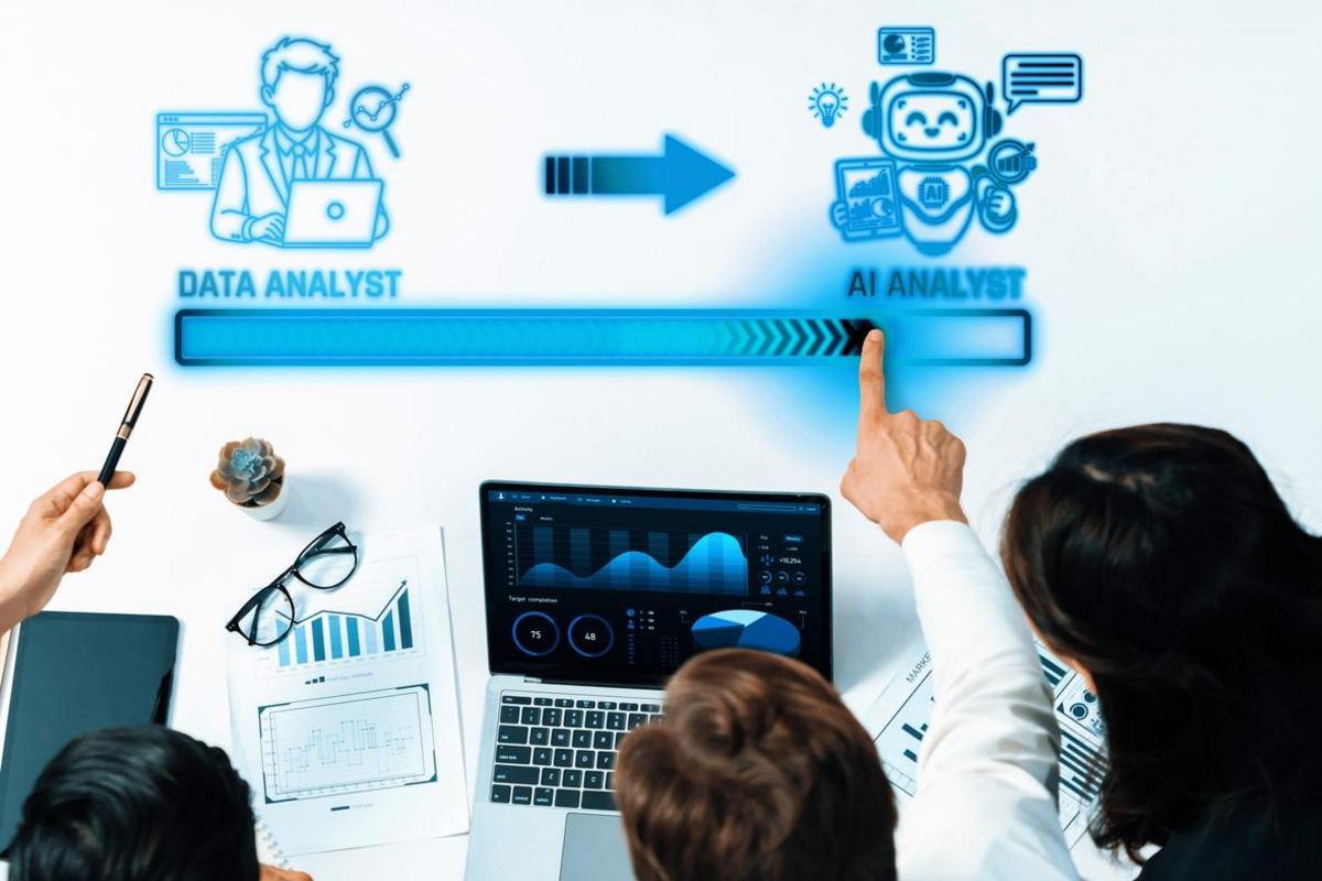 Team reviewing graphs on a laptop beside illustrations of a data analyst and an AI analyst