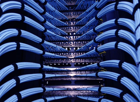 Neatly organized, blue cables going into server racks