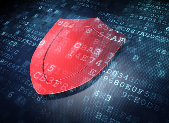 Red digital cybersecurity shield against blue field of letters and numbers