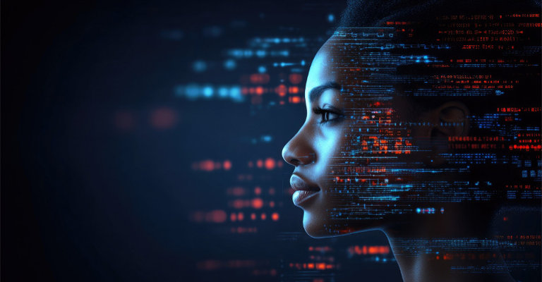 AI virtual face against technology background