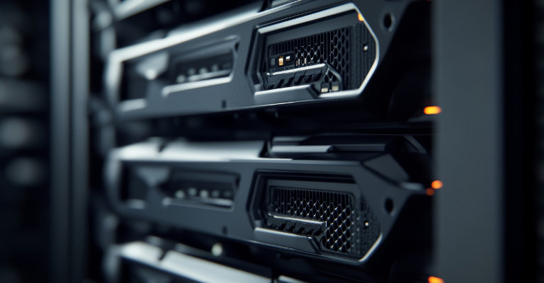 Close up of a black data center server rack loaded with hard drives and a blurred background