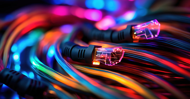 Close up of network cable with colorful lights in the background