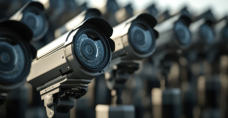 Multiple high-definition security cameras are positioned closely in a surveillance array outdoors