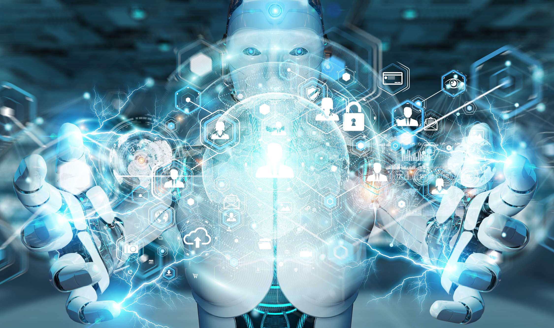 White robot on blurred background using a digital screen interface