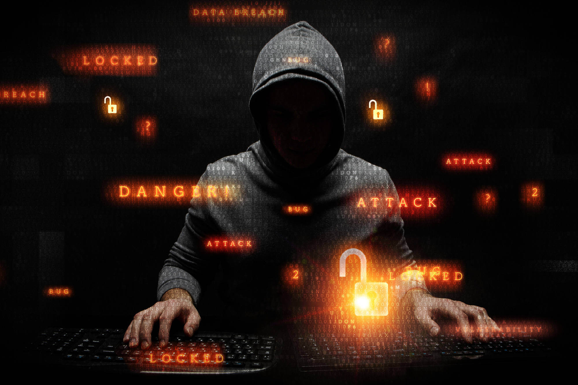 Hacker working in shadows, with orange words floating in space