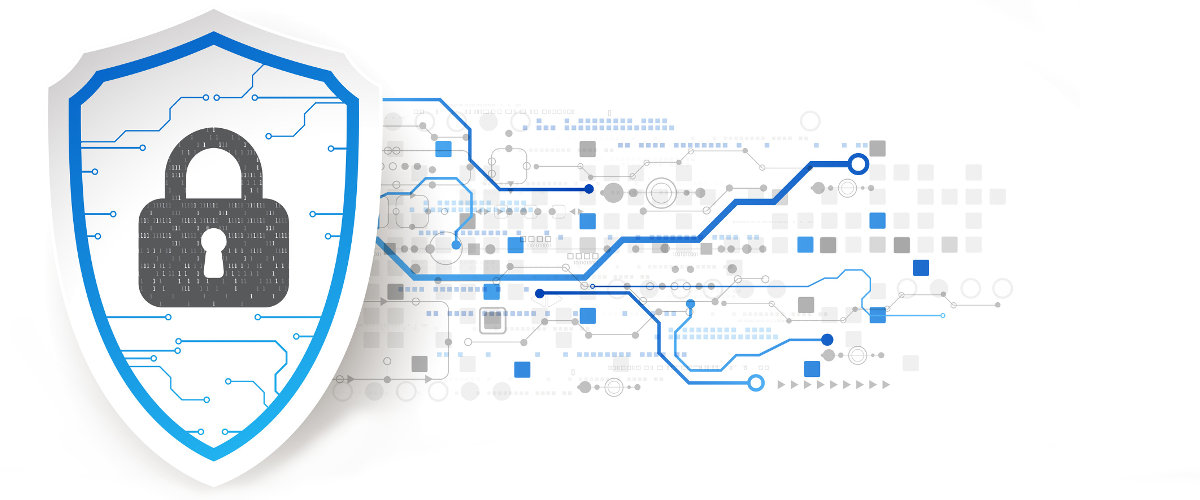 Shield with the image of a padlock in the middle against circuit board background