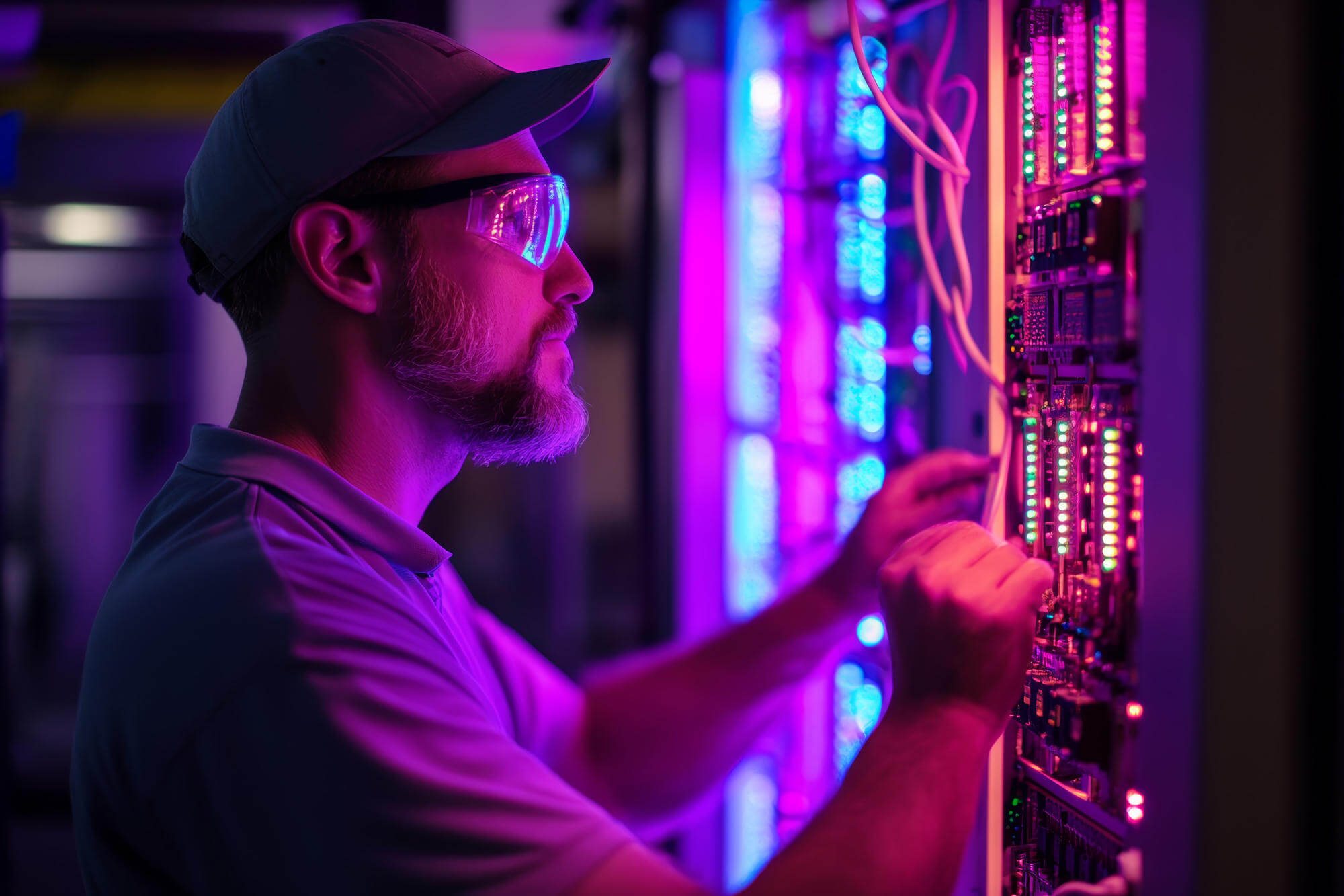 A skilled electrician works on a complex electrical panel under vibrant purple and blue lights