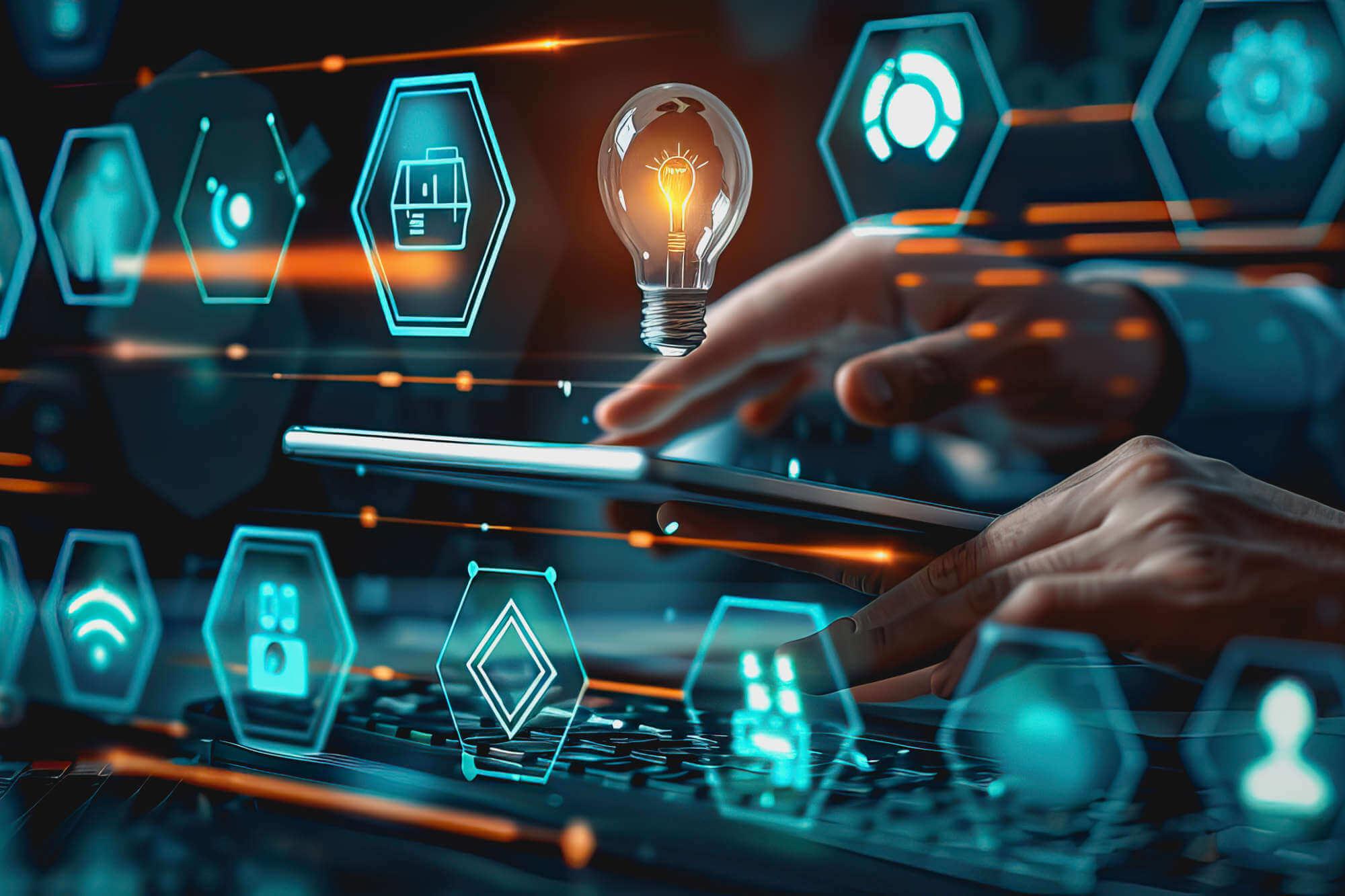 Engaged colleagues reviewing content on tablet in modern office