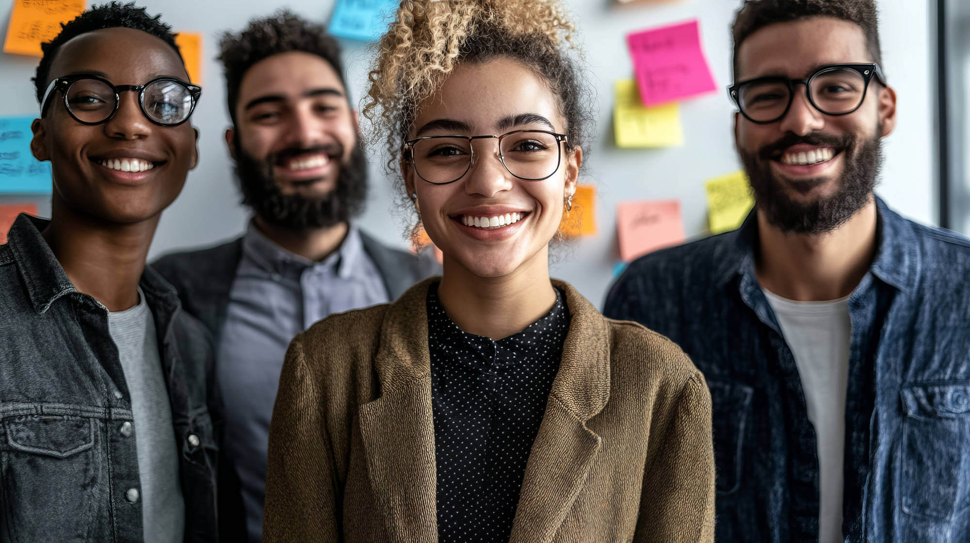 A group of diverse professionals smiling and collaborating in a modern office