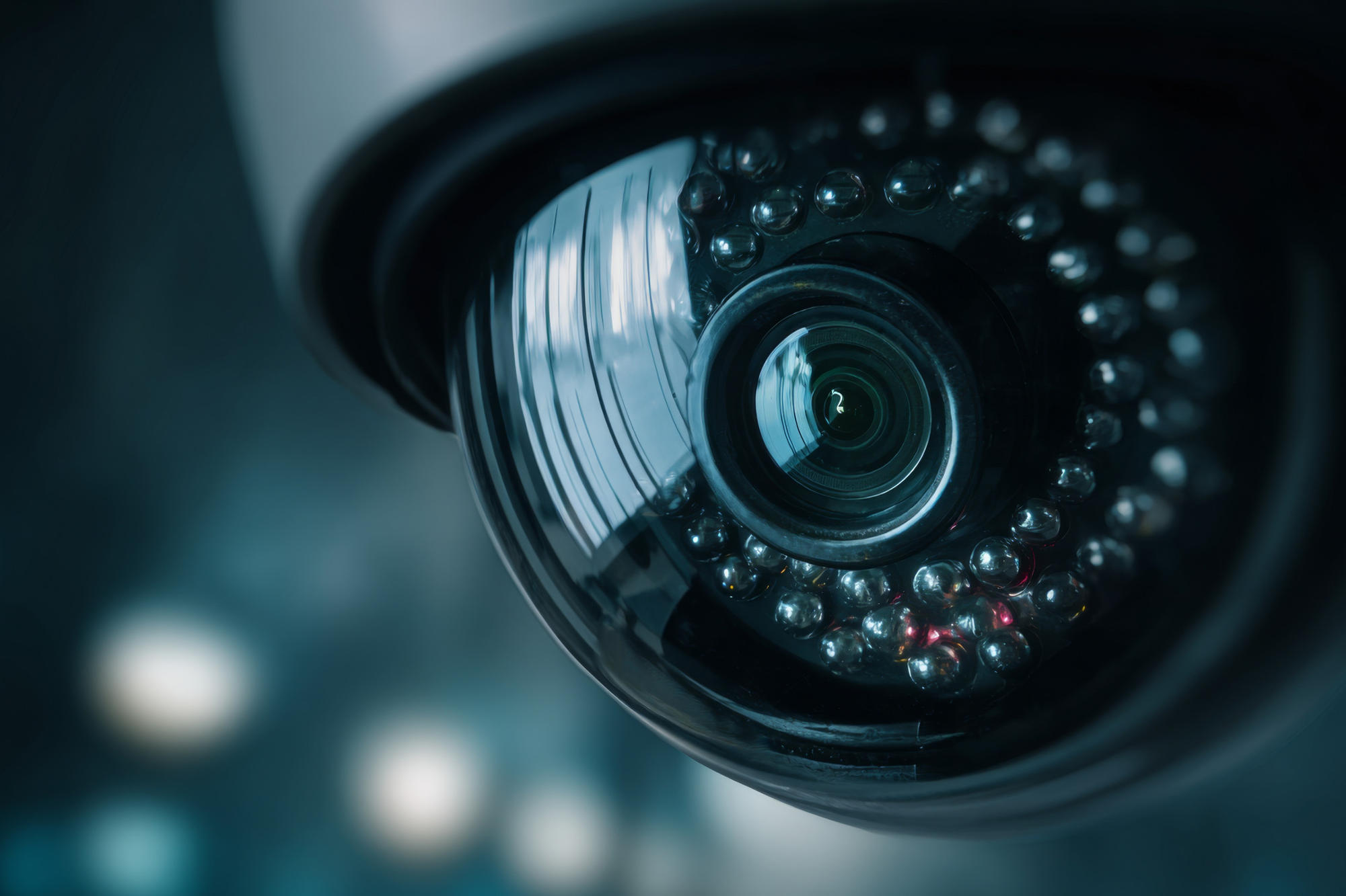 Close up of modern surveillance camera showing intricate details of the camera lens