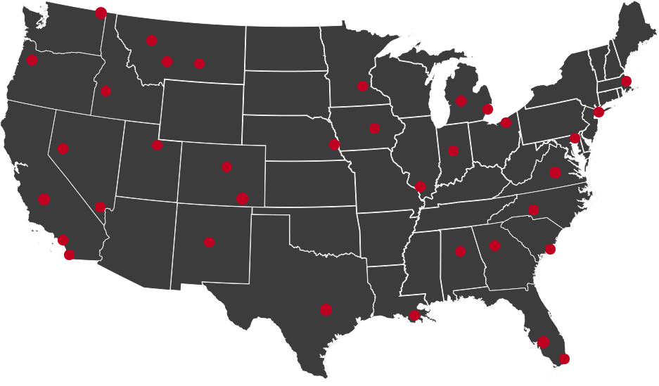 Red location pins on United States map.