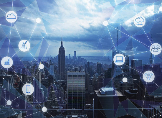 Modern metropolis with connection icons and lines superimposed over it